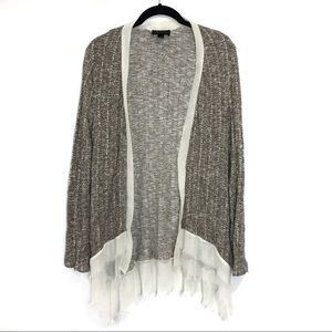 {AB Studio} Fringed Chiffon Trim Cardigan, Large